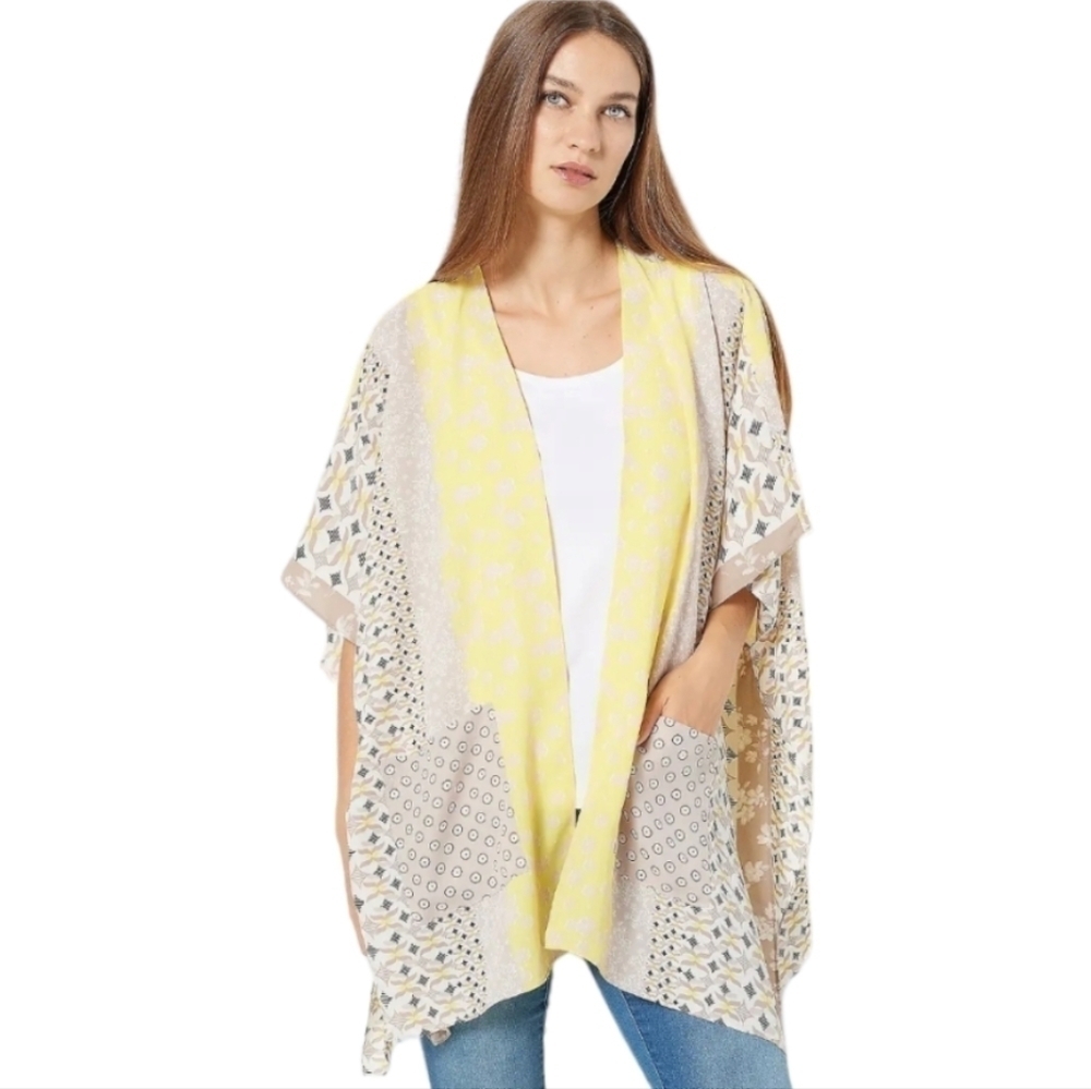 SUSAN Graver Chiffon Open Front Kimono Patch Pocket Multi Print Size M - Picture 2 of 7